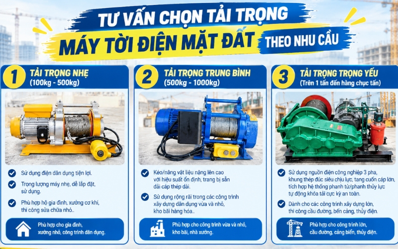 Tư vấn chọn tải trọng máy tời điện mặt đất theo nhu cầu  